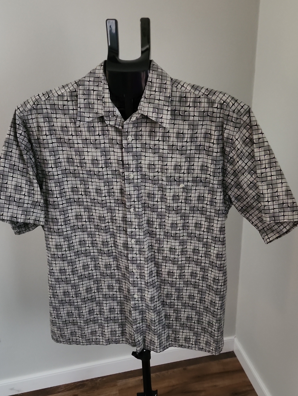 Pierre Cardin Short Sleeve Button-Up Shirt in Black & Olive Check Pattern Size M